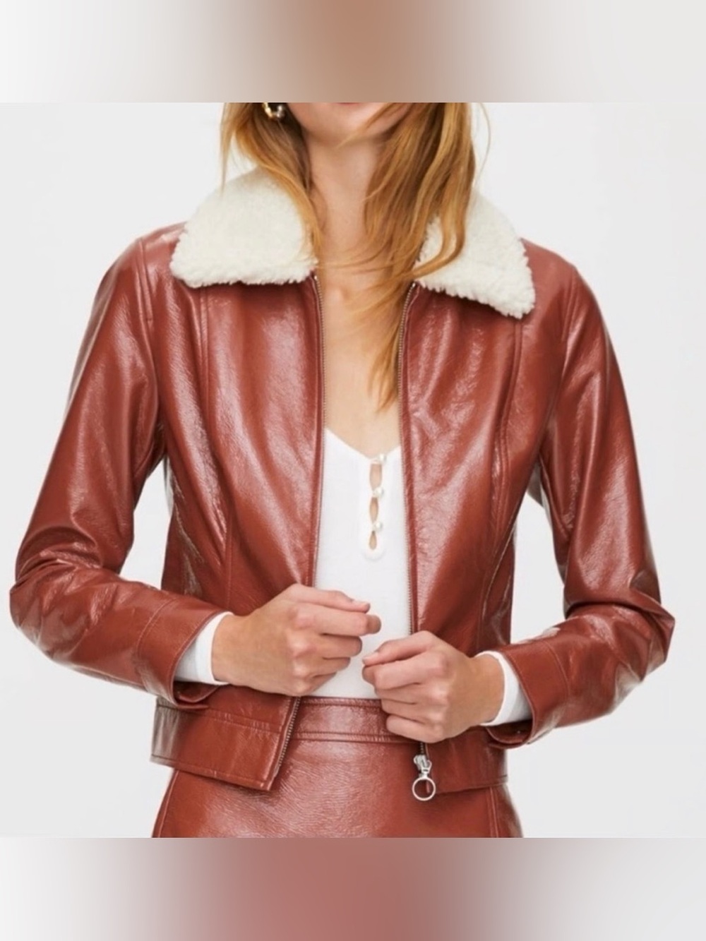 Aritzia Wilfred Tempest Glossy Vinyl Sherpa Moto Jacket Rust Brown M New